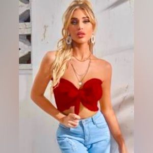Red rown bandeau top with naked ruched trim